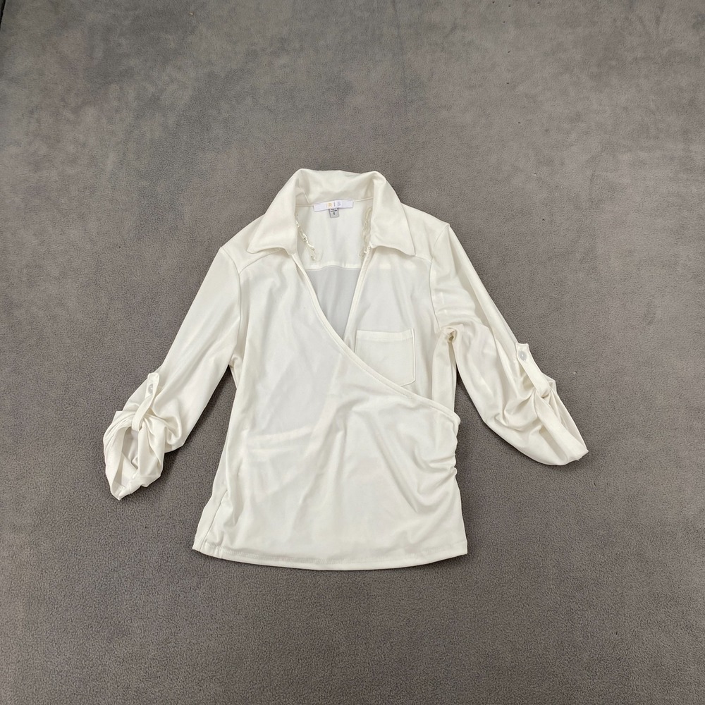 Iris Wrap Blouse Top Women's Small Off White Roll Tab Sleeve Casual Button Up